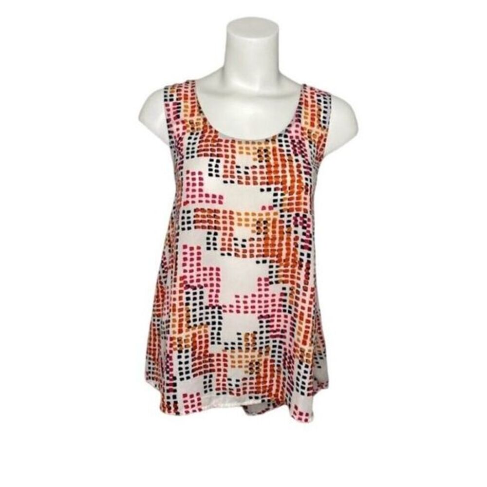 W5 White Blue Orange Pink Geometric Crew Neck Sleeveless Top sz Medium